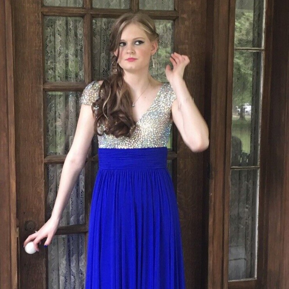 Davids Bridal Prom Pageant Formal Long Dress Blue Sparkly Worn once Sz 6